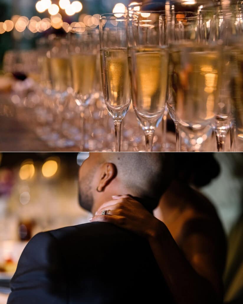 Rows of champagne glasses catch the light at a Tokyo wedding reception, and the couple share a close embrace.