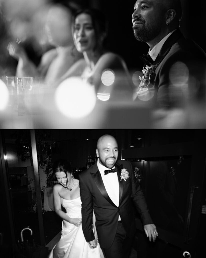 The bride and groom make their entrance to the Tokyo wedding reception and laugh through the speeches, in black and white.