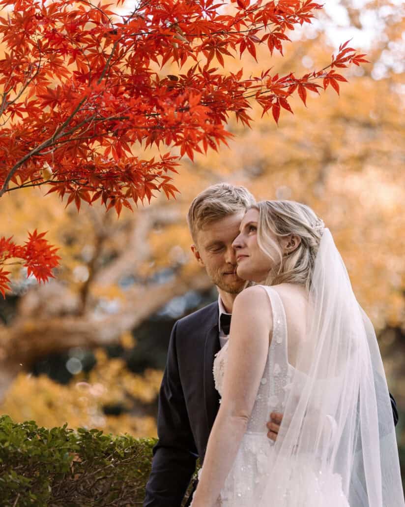 The groom rests his face against the bride's cheek beneath a branch of red maple leaves, golden trees behind them, an autumn elopement in Japan.