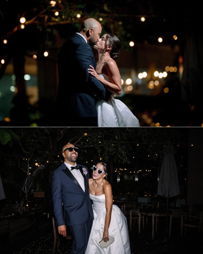 The couple dance close under string lights at their Tokyo wedding reception, then pose in sunglasses, hers heart-shaped.