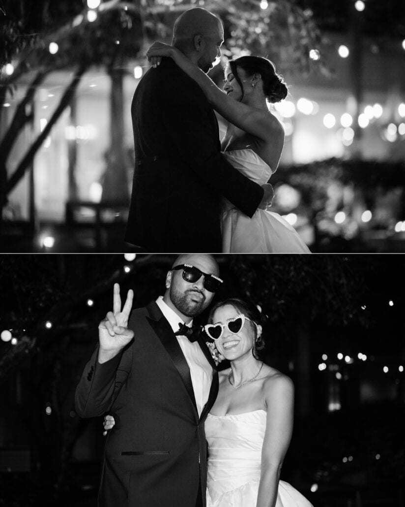 The couple embrace under string lights at night, then pose in sunglasses, his hand in a peace sign, at their Tokyo wedding reception.