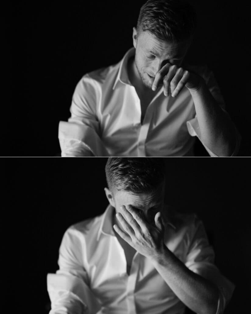 Two black and white frames of the groom in an open white shirt wiping his eyes, then covering his face with a hand, on his Japan elopement day.