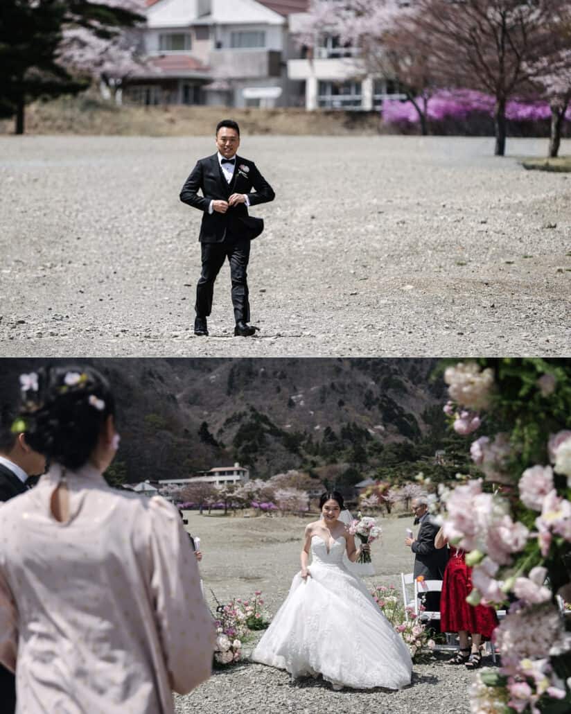The groom buttons his jacket crossing the gravel shore, then the bride walks in between guests and flowers for their Lake Shoji wedding ceremony.