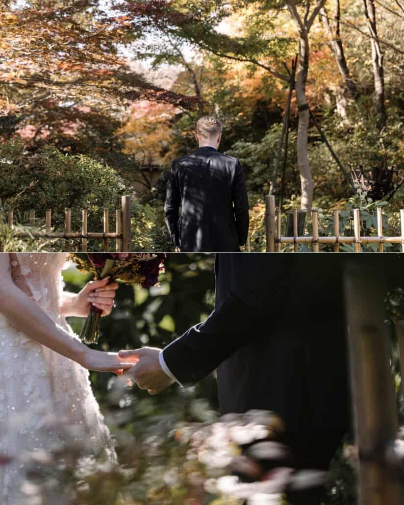 The groom waits, back turned, at a bamboo fence under the maples, then the bride, bouquet in hand, takes his hand in a Japanese garden elopement.