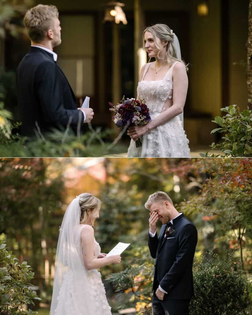 The bride listens, bouquet in hand, as the groom holds his vows, and he covers his eyes as she reads hers at their autumn elopement in Japan.