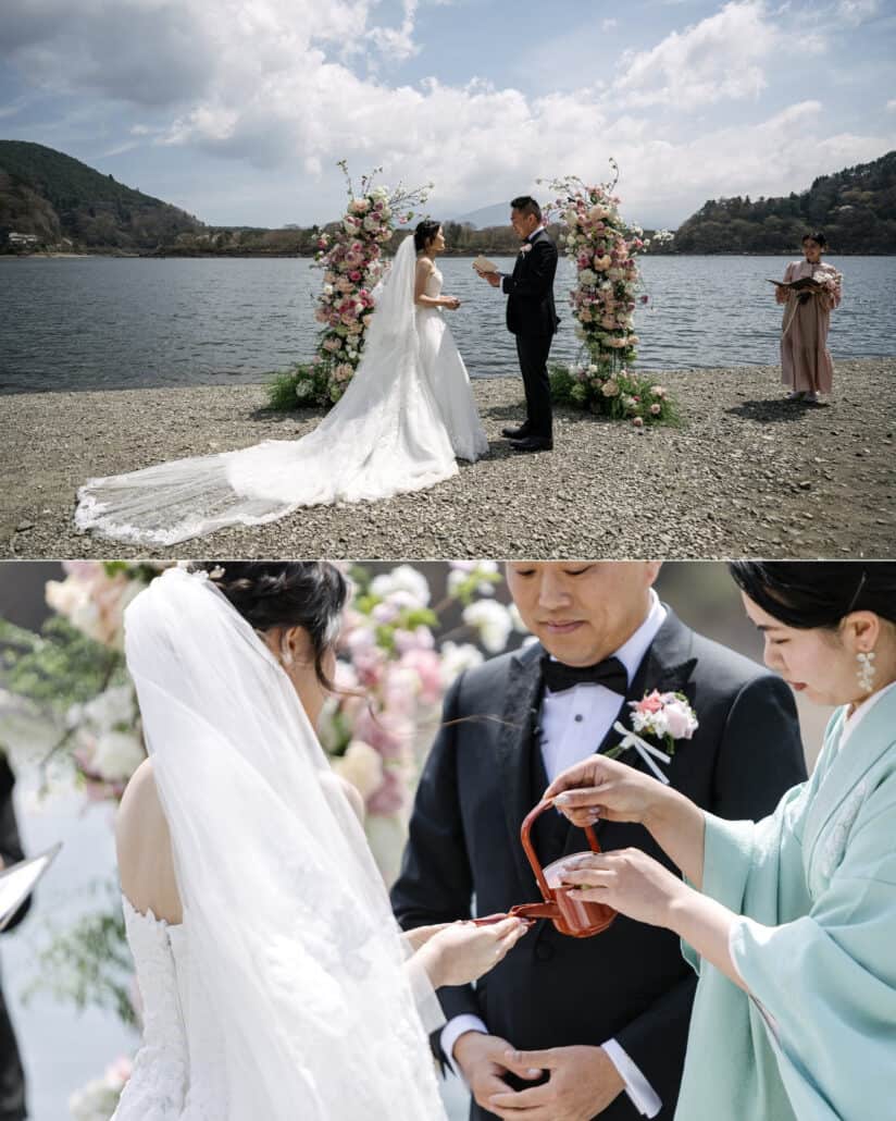 A wide view of the ceremony on the Lake Shoji shore with the officiant, then san san kudo as a woman in a pale green kimono pours sake for the bride.