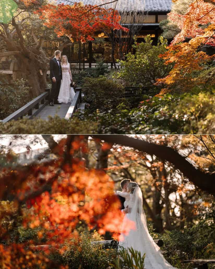 The couple stand on a wooden bridge under red maples before the ryokan's tiled roof, and embrace behind a spray of autumn leaves in Japan.