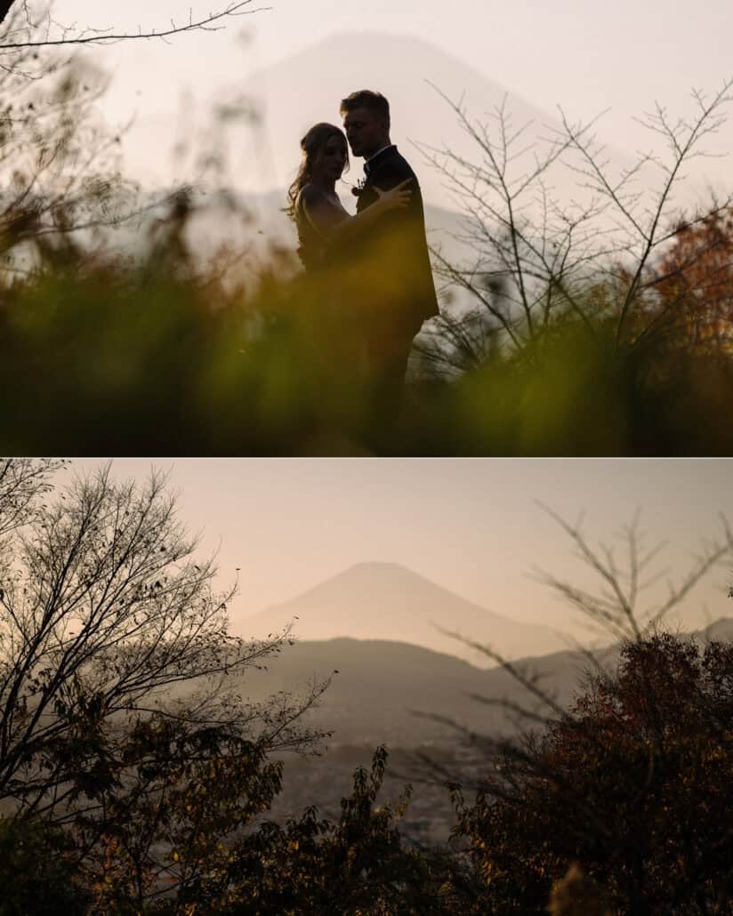 The bride and groom embrace in silhouette with Fuji faint in the haze behind them, then a Mt Fuji sunset view above the darkening ridges.