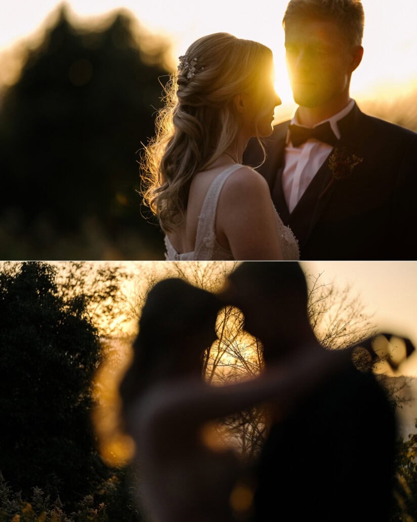 The low sun flares between the bride and groom, then their silhouettes meet nose to nose against bare branches, at sunset after their Japan elopement.