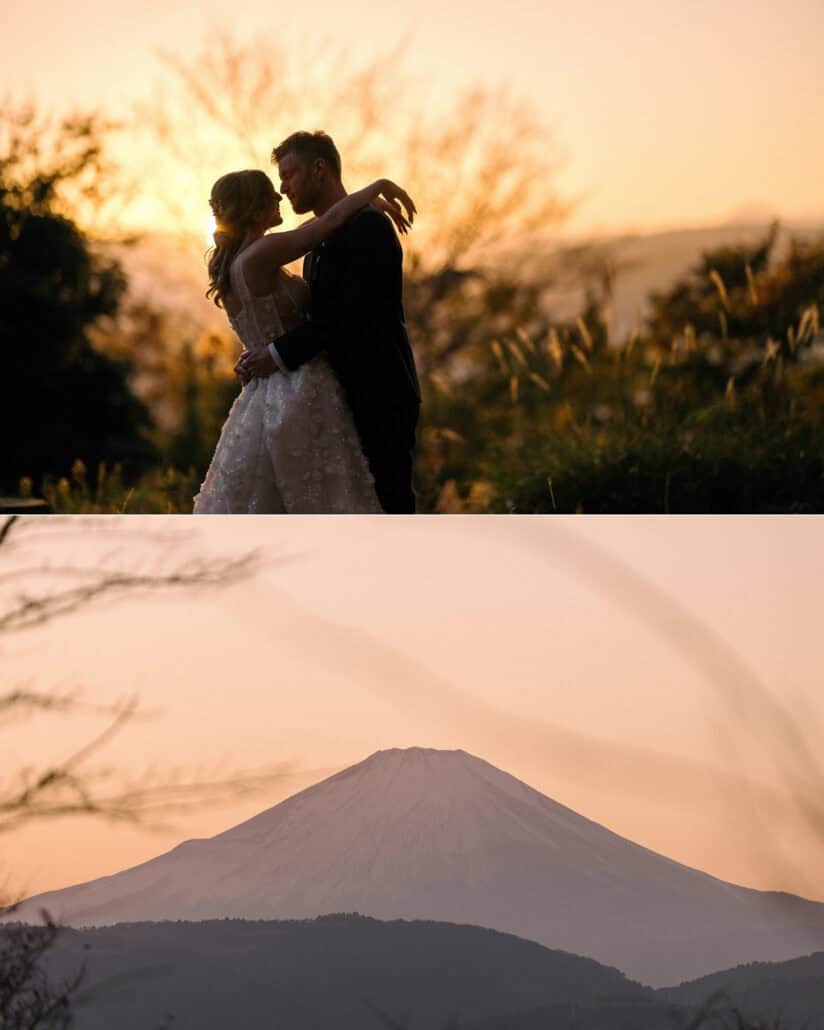 The couple embrace in silhouette among tall grasses, then the Mt Fuji sunset view, the peak under a pink sky, on the evening of their Japan elopement.