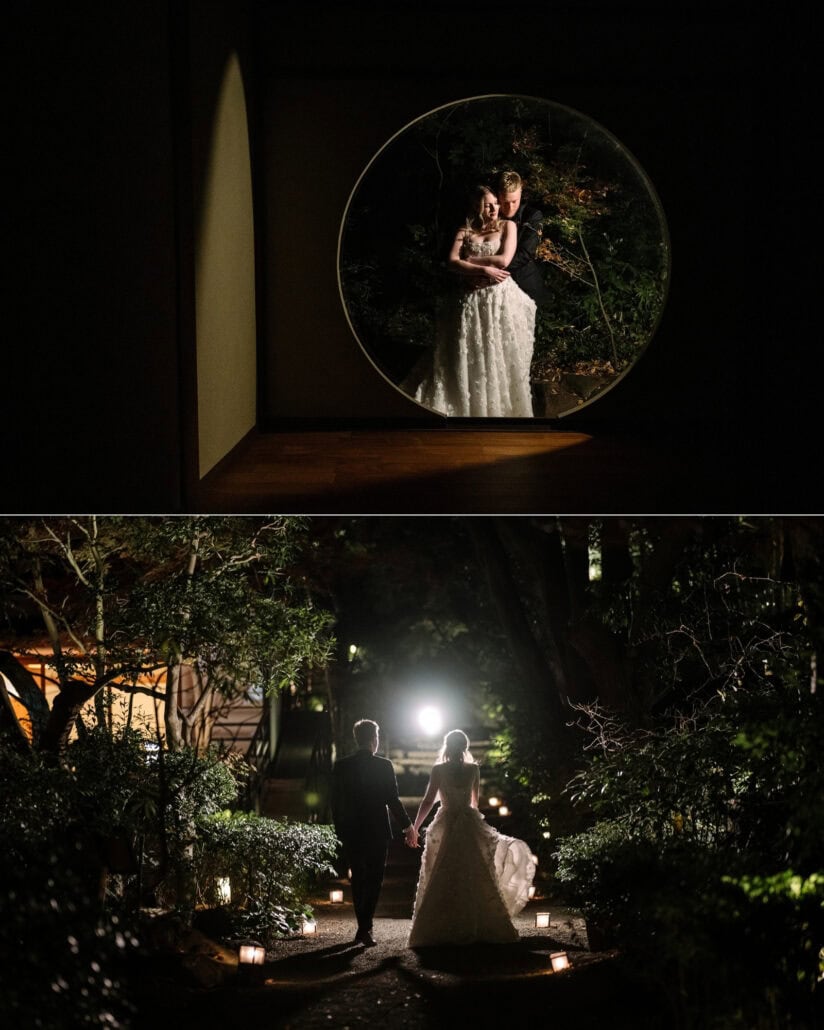 The couple framed in a round window at night, then walking hand in hand along a lantern lit garden path, at their elopement at a ryokan in Japan.