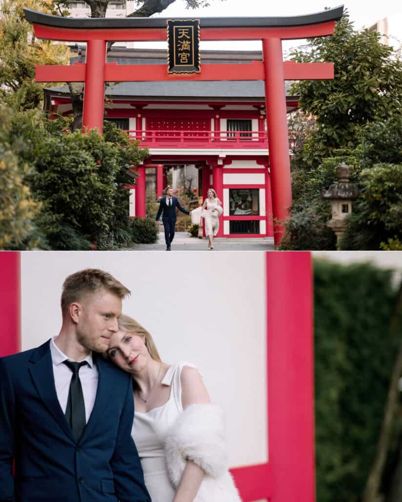 Hand in hand, the couple walk out beneath a vermilion torii, then the bride rests her head on the groom's shoulder, in a Tokyo couple photoshoot.