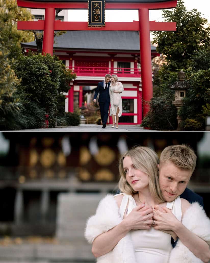 Leaning together, the couple walk beneath the red torii, then the groom wraps his arms around the bride before a shrine hall, in Tokyo couple photos.