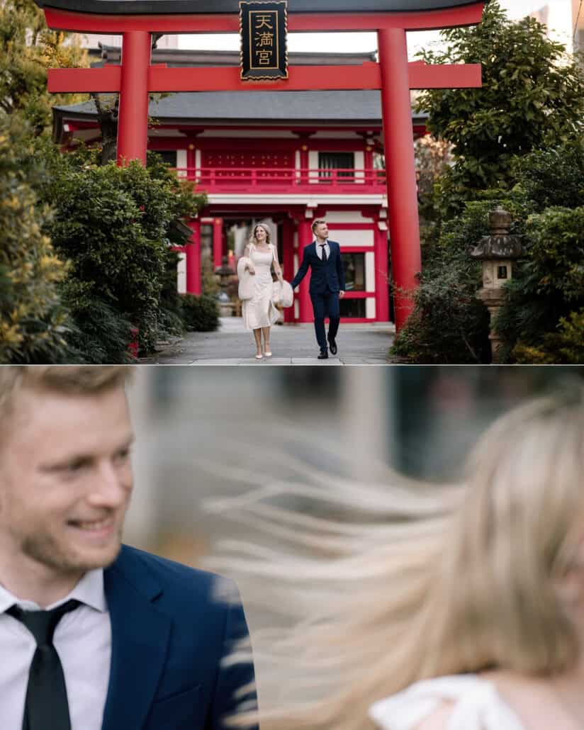 The couple stride out through the torii, then the groom grins as the bride's hair blows across the frame, a Tokyo pre wedding photoshoot.