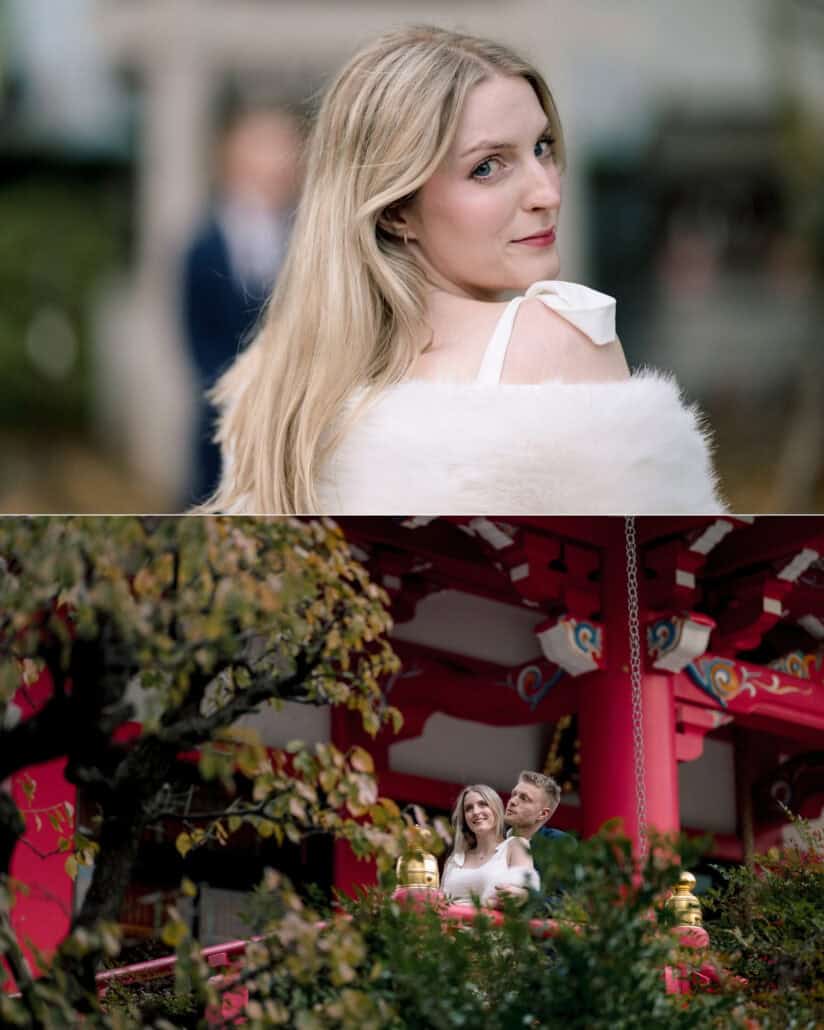 The bride turns to the camera over her fur stole, then the couple stand at a red shrine railing behind autumn foliage in their Tokyo couple photos.