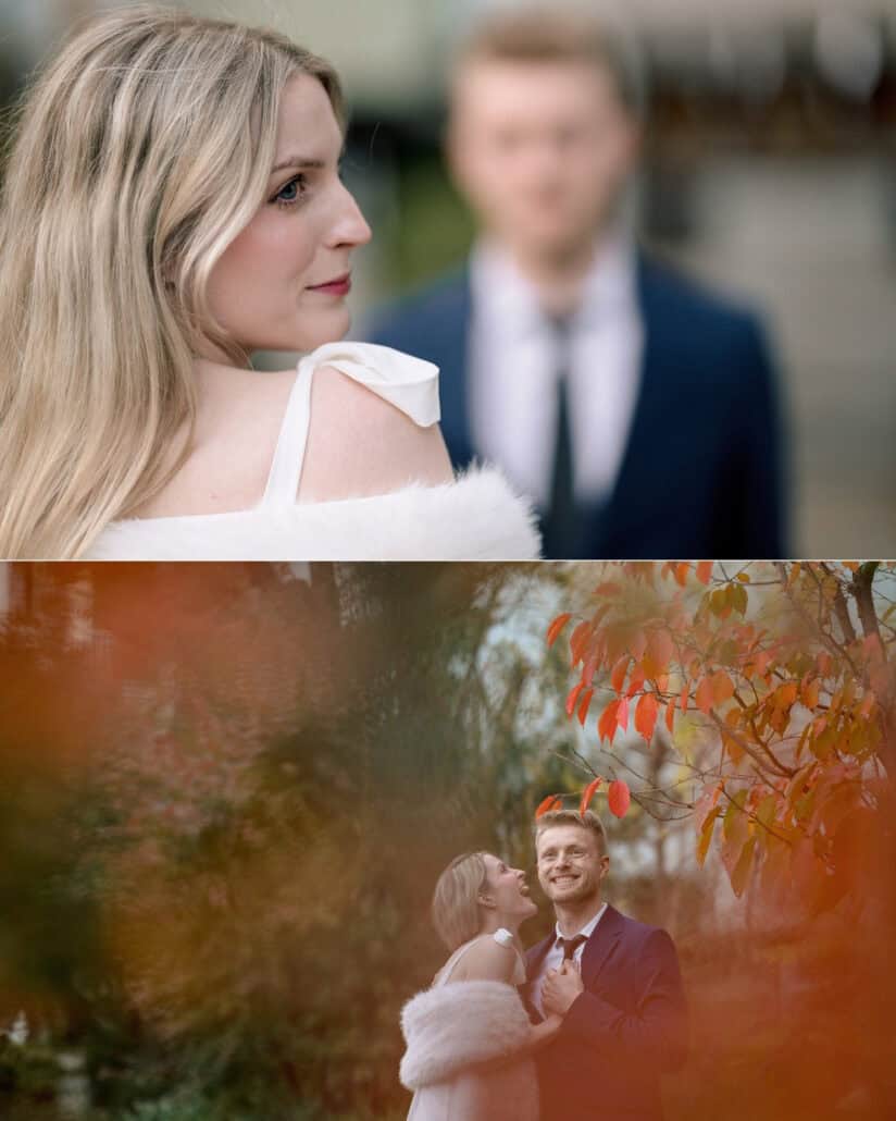 The bride stands in profile, the groom soft behind her, then the couple laugh under orange autumn leaves in Japan on their Tokyo couple photoshoot.