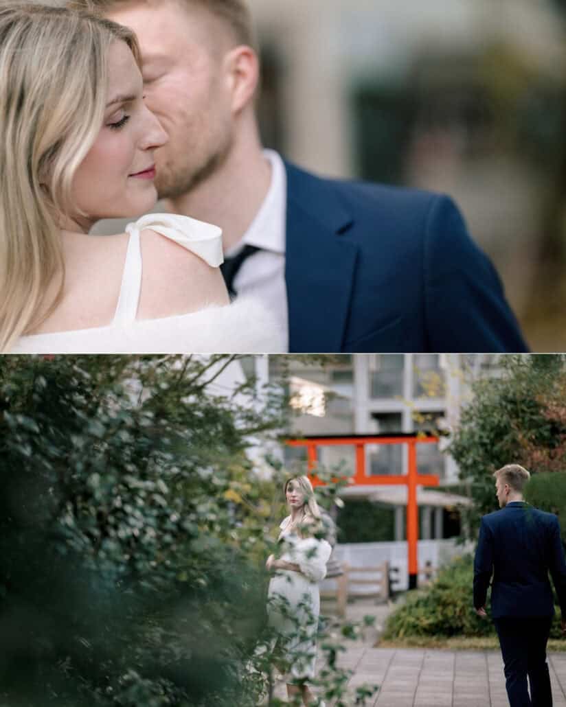 The groom leans his face to the bride's cheek, then walks to her as she stands before an orange torii, the Tokyo side of their Japan elopement photos.