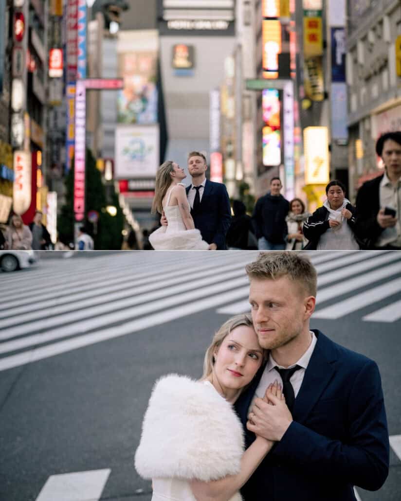 The bride looks up at the groom among the Kabukicho crowds, then the two hold each other close on a zebra crossing for their Tokyo couple photos.