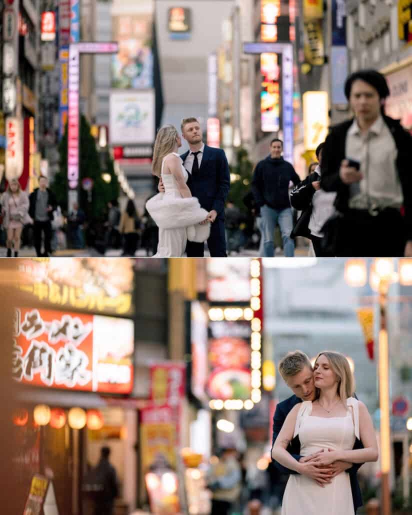 The bride leans into the groom as people stride past in Shinjuku, then he holds her from behind under glowing signs, a Tokyo pre wedding photoshoot.