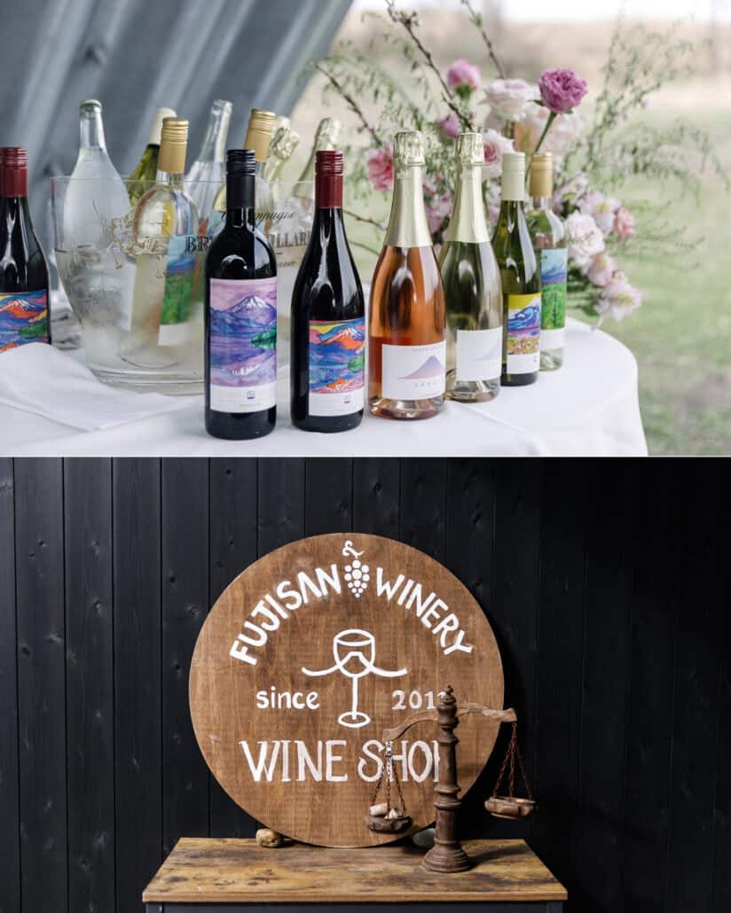 Fujisan Winery's wines, labels painted with Mt Fuji, stand on a table with flowers for a Mt Fuji winery wedding, then the round sign of its wine shop.
