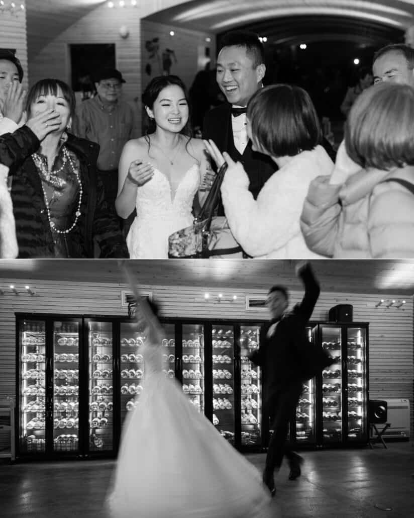 In black and white, guests crowd the laughing bride and groom, then the couple dance in front of lit wine fridges at a winery wedding in Japan.