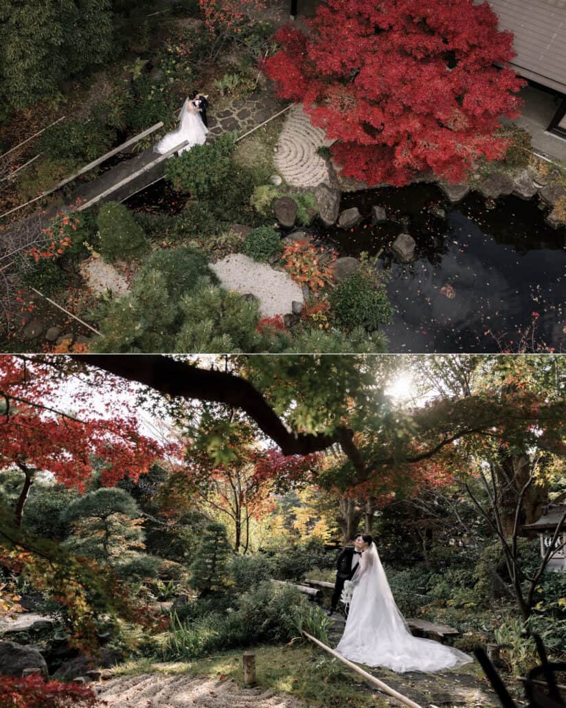 From above, the couple stand by a plank bridge, raked gravel and a red maple at Jinya, then under backlit maples at their autumn wedding in Japan.