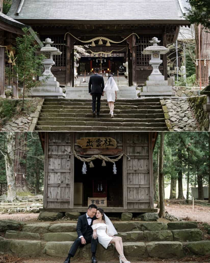 The couple climb stone steps between lanterns to a Japanese shrine gate hung with straw rope, then sit on mossy steps before a small wooden shrine.