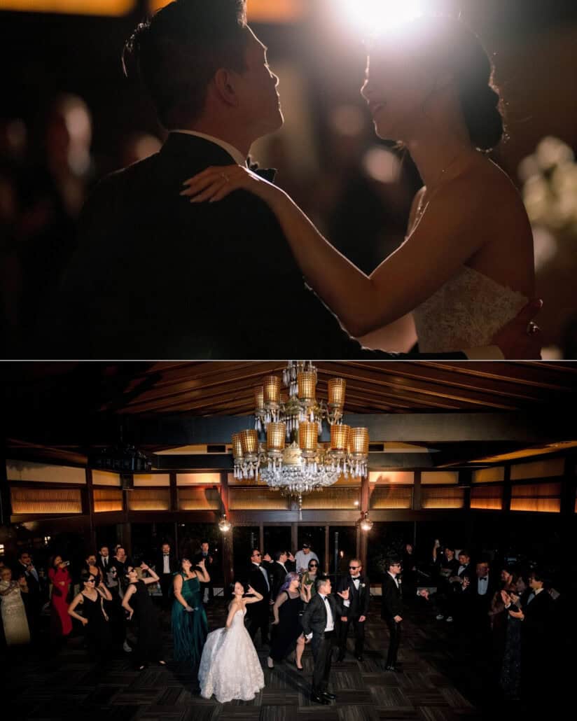 The couple sway close in silhouette at their first dance, then dance with friends in sunglasses under a crystal chandelier at the reception.