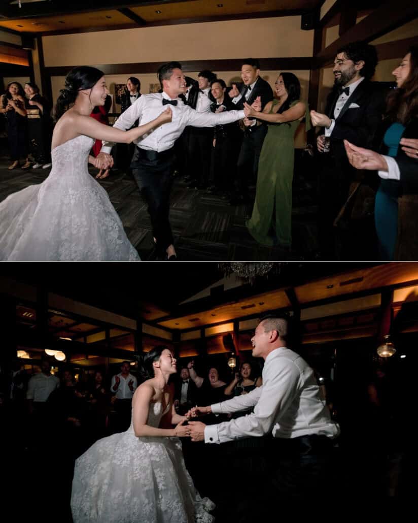 The groom dances with the bride in a ring of friends, then they laugh hand in hand, the last dance their wedding film teaser is cut to.