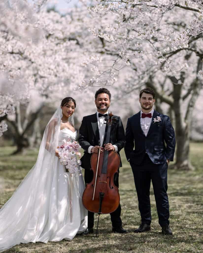 The bride and groom stand either side of the cellist and his cello under the cherry trees after their wedding ceremony.