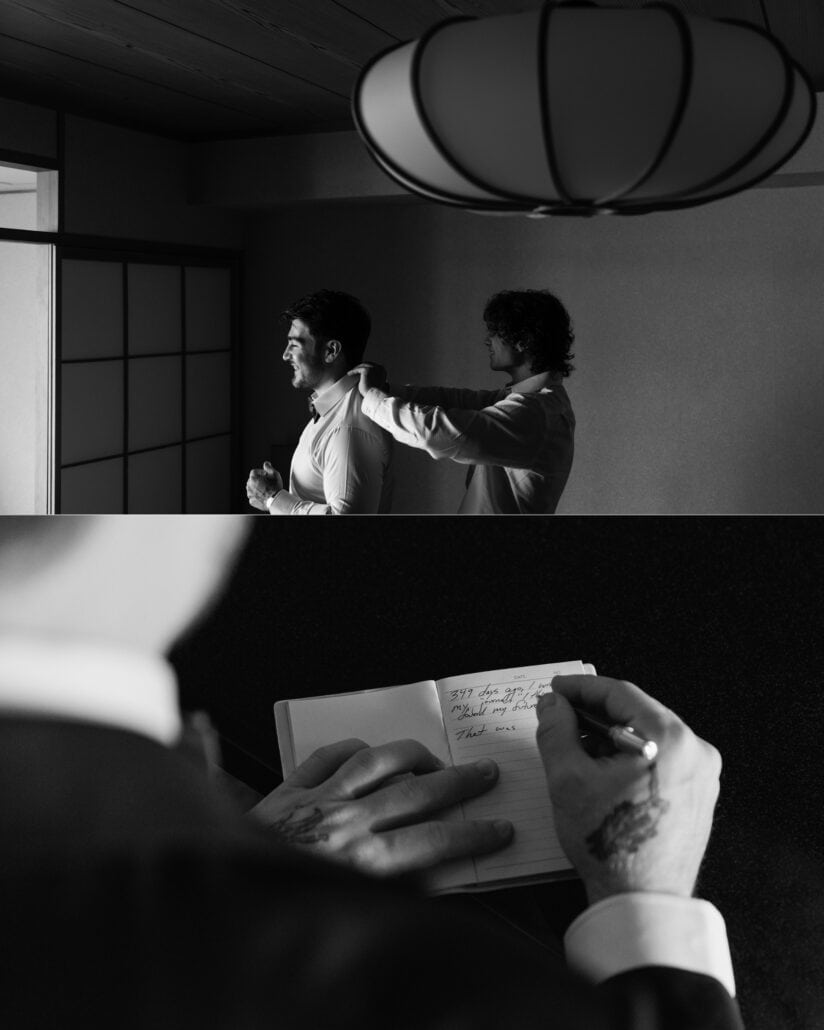 Black and white: the groom and a friend in a tatami room under a paper lantern, and the groom writing by hand in his journal.