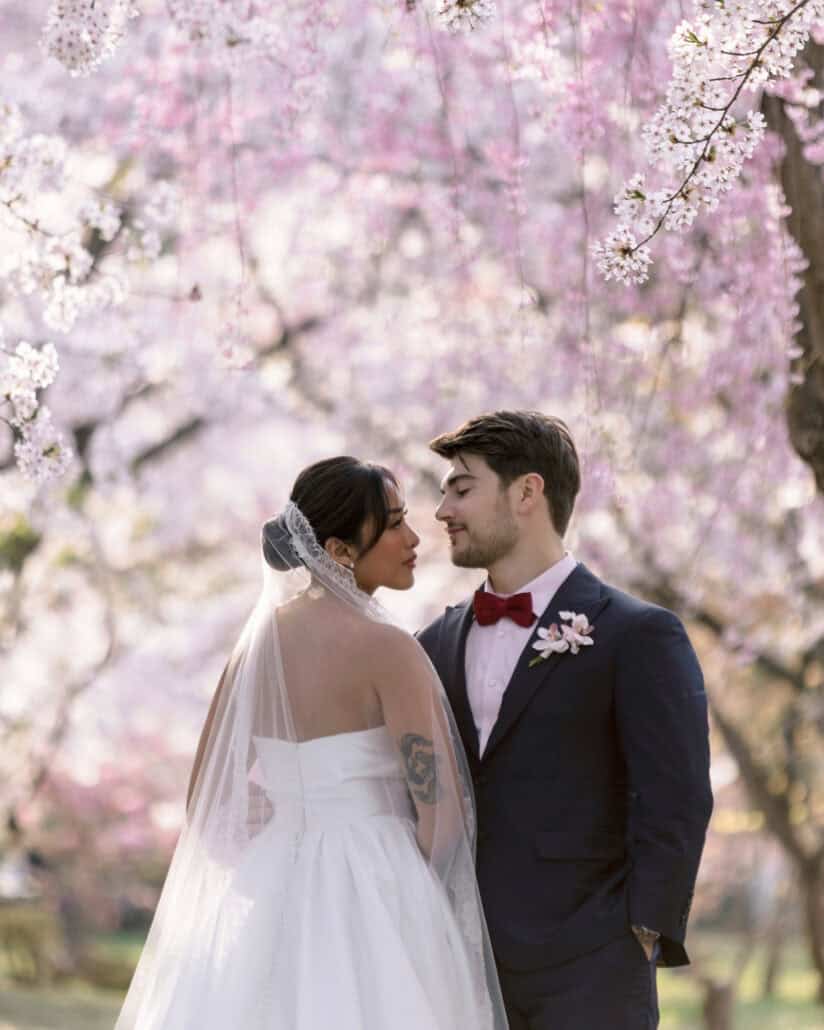 The bride and groom touch noses under pink weeping cherry blossoms in Hirosaki, a pink orchid on his lapel.
