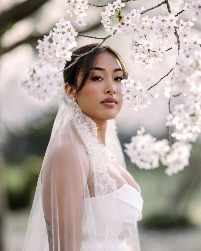 A portrait of the bride framed by white cherry blossoms in Hirosaki, her lace veil around her and a calm, direct gaze.
