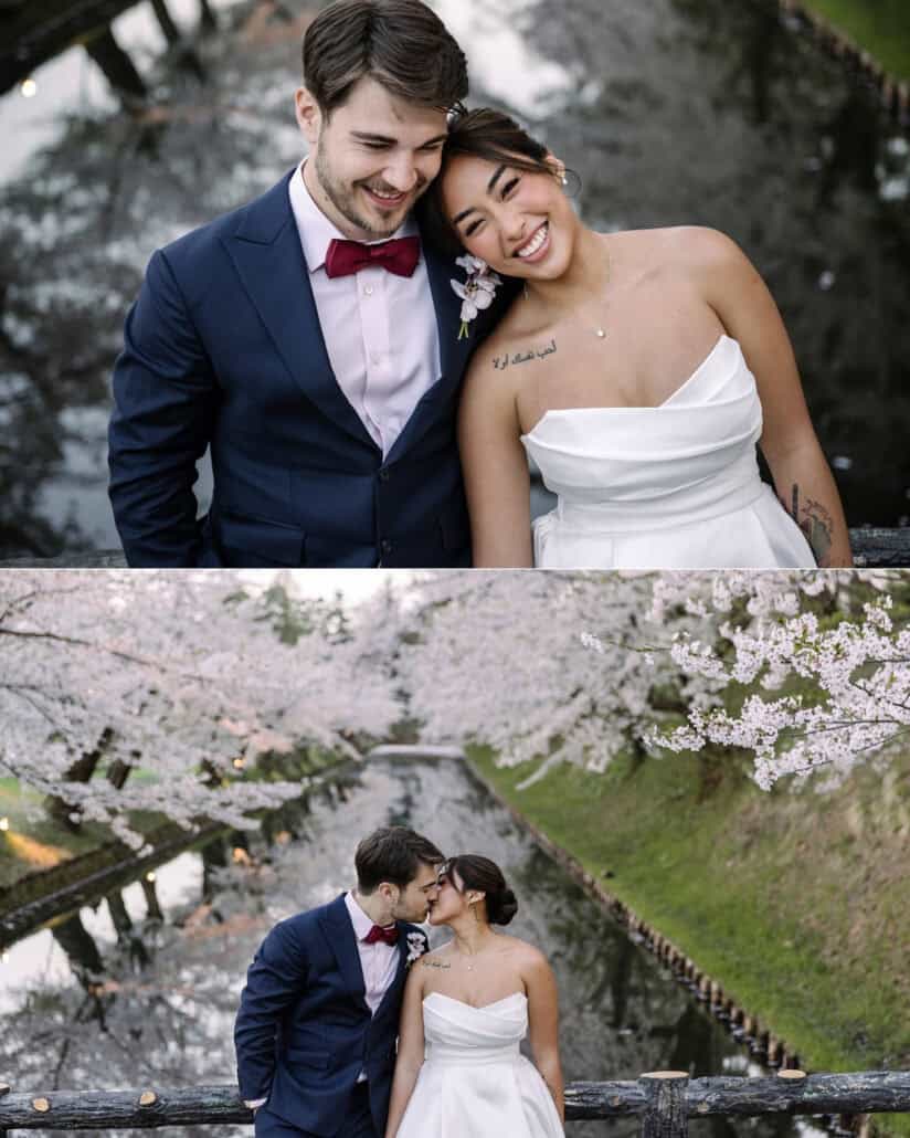 The couple lean together on a bridge in Hirosaki, and kiss above a moat lined with cherry trees in bloom.