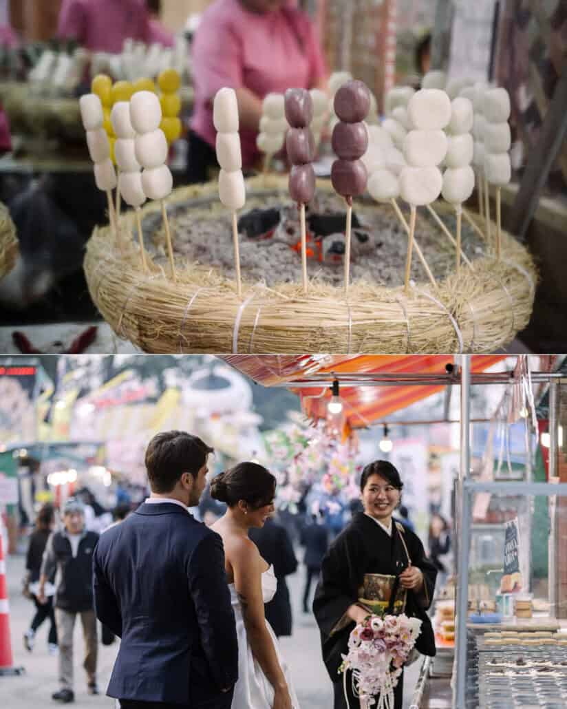 Skewers of dango at a food stall at the Hirosaki cherry blossom festival, and the couple with a smiling woman in kimono.