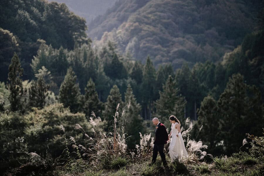 The bride and groom walk hand in hand through pampas grass below the sunlit forested ridges of Kosuge, Yamanashi, at their Nipponia Kosuge wedding.