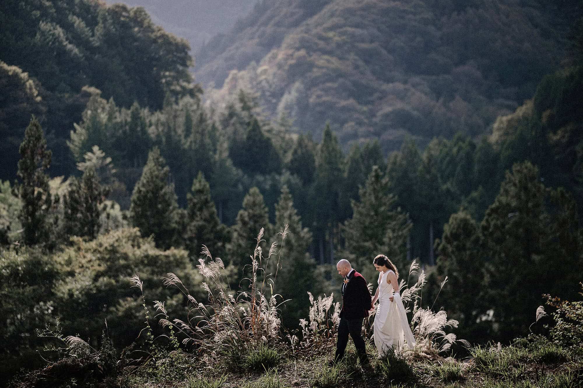 The bride and groom walk hand in hand through pampas grass below the sunlit forested ridges of Kosuge, Yamanashi, at their Nipponia Kosuge wedding.