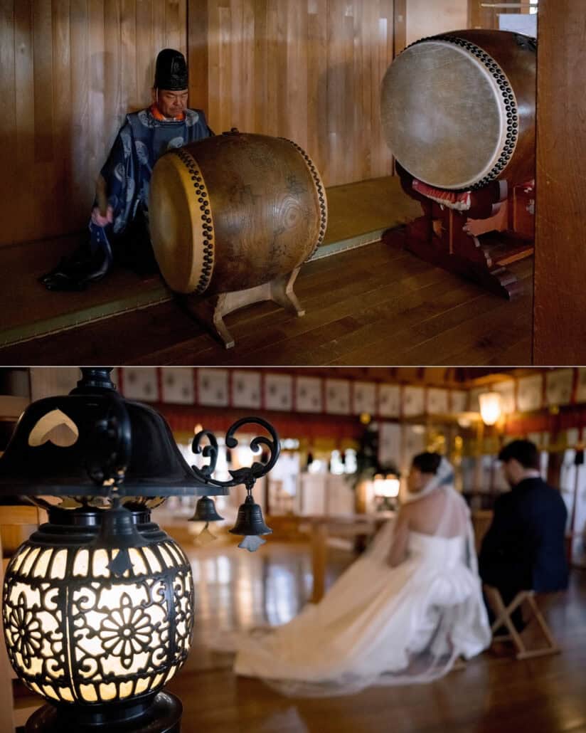 A priest beats the great taiko drum at Takayama Inari Shrine, and the couple sit in the lantern-lit hall for their blessing.