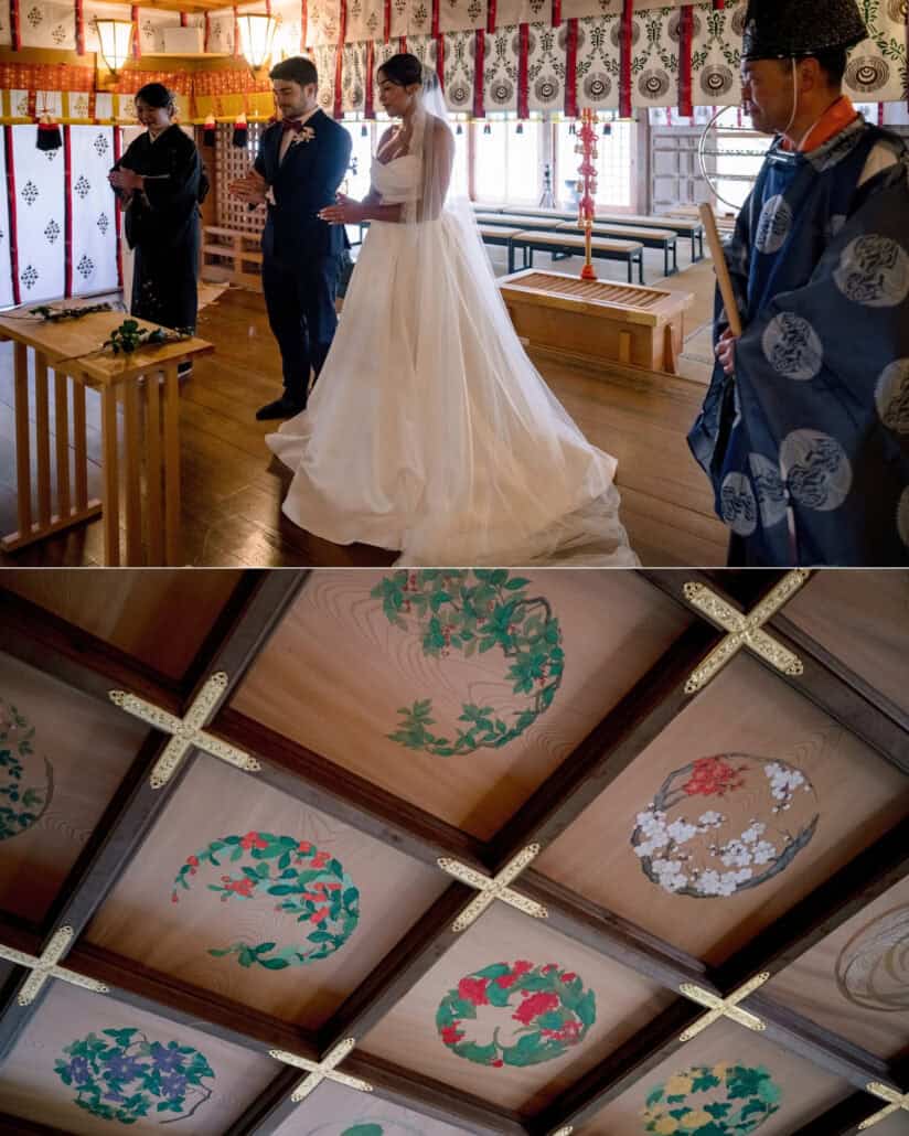 The couple stand before the altar with two priests at Takayama Inari Shrine, and painted flowers on the coffered ceiling.