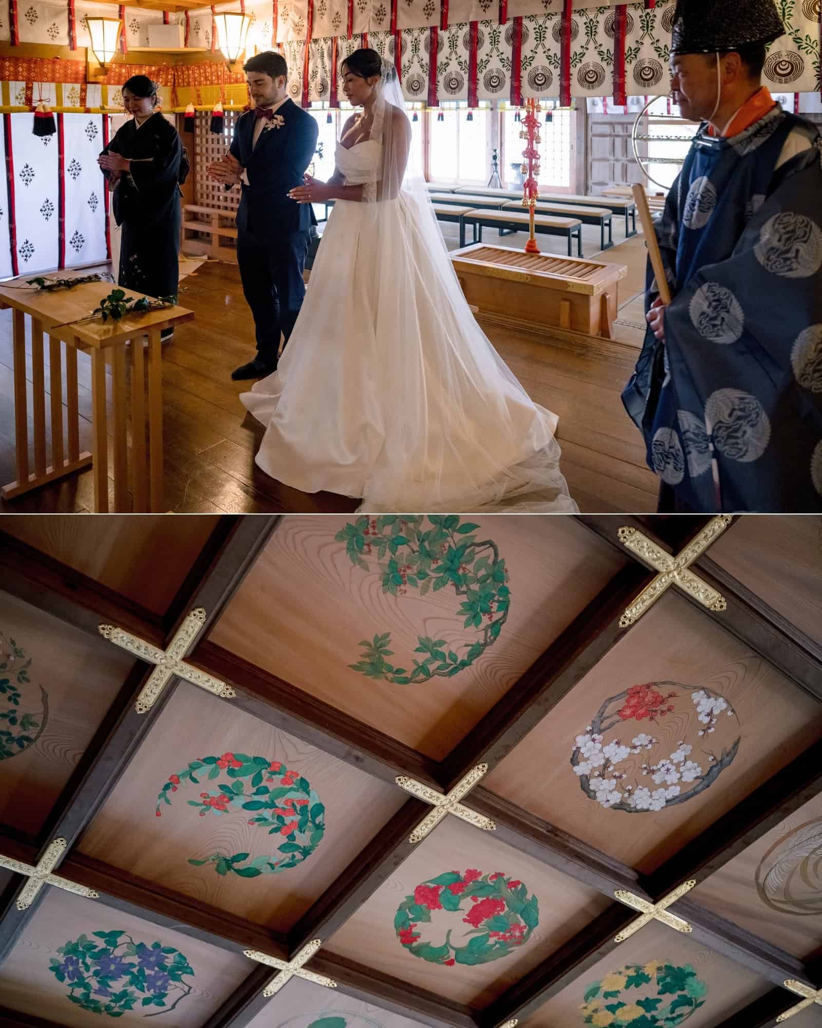 A bride and groom stand before the altar with two priests at Takayama Inari Shrine in Aomori, painted flowers on the ceiling, for a shrine blessing.