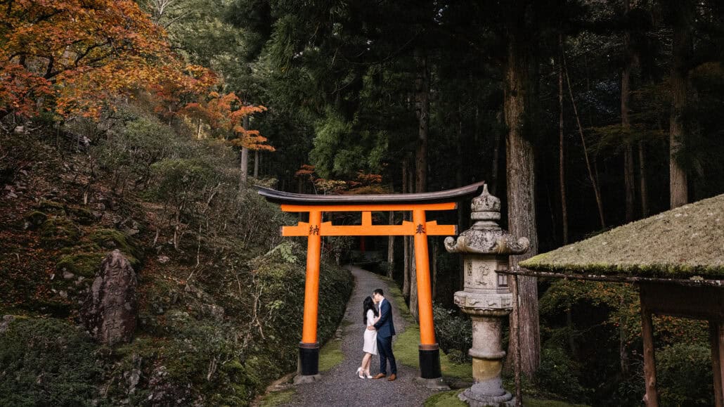 A drone view of a vermilion torii and a moss roofed shelter in a cedar forest in Kyoto, the couple small beneath the gate.