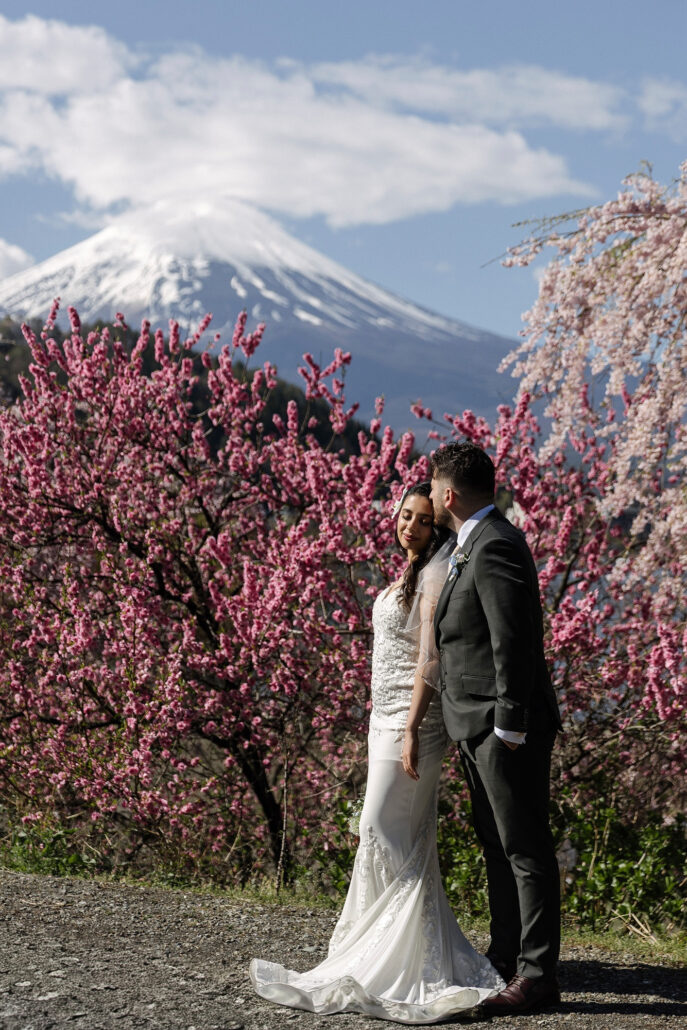 The bride and groom stand among deep pink blossom on a gravel path, with Mt Fuji and a weeping cherry behind them.