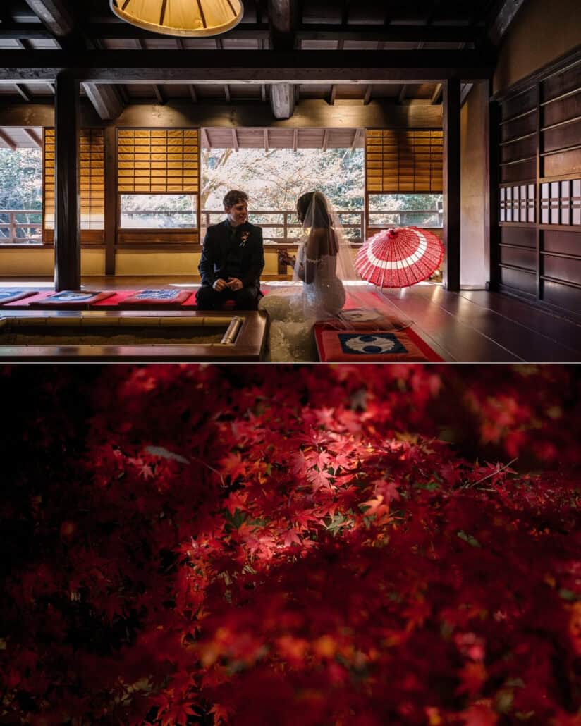 A wide view of the tatami tea room with the couple, a red parasol and open windows, and a deep red maple canopy.