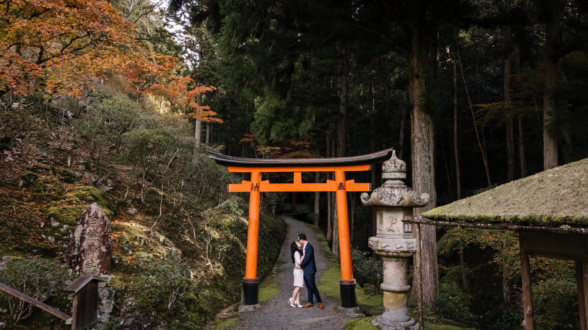 From above, the couple kiss beneath a red torii between a stone lantern and a moss-roofed pavilion at their private garden elopement in Kyoto.