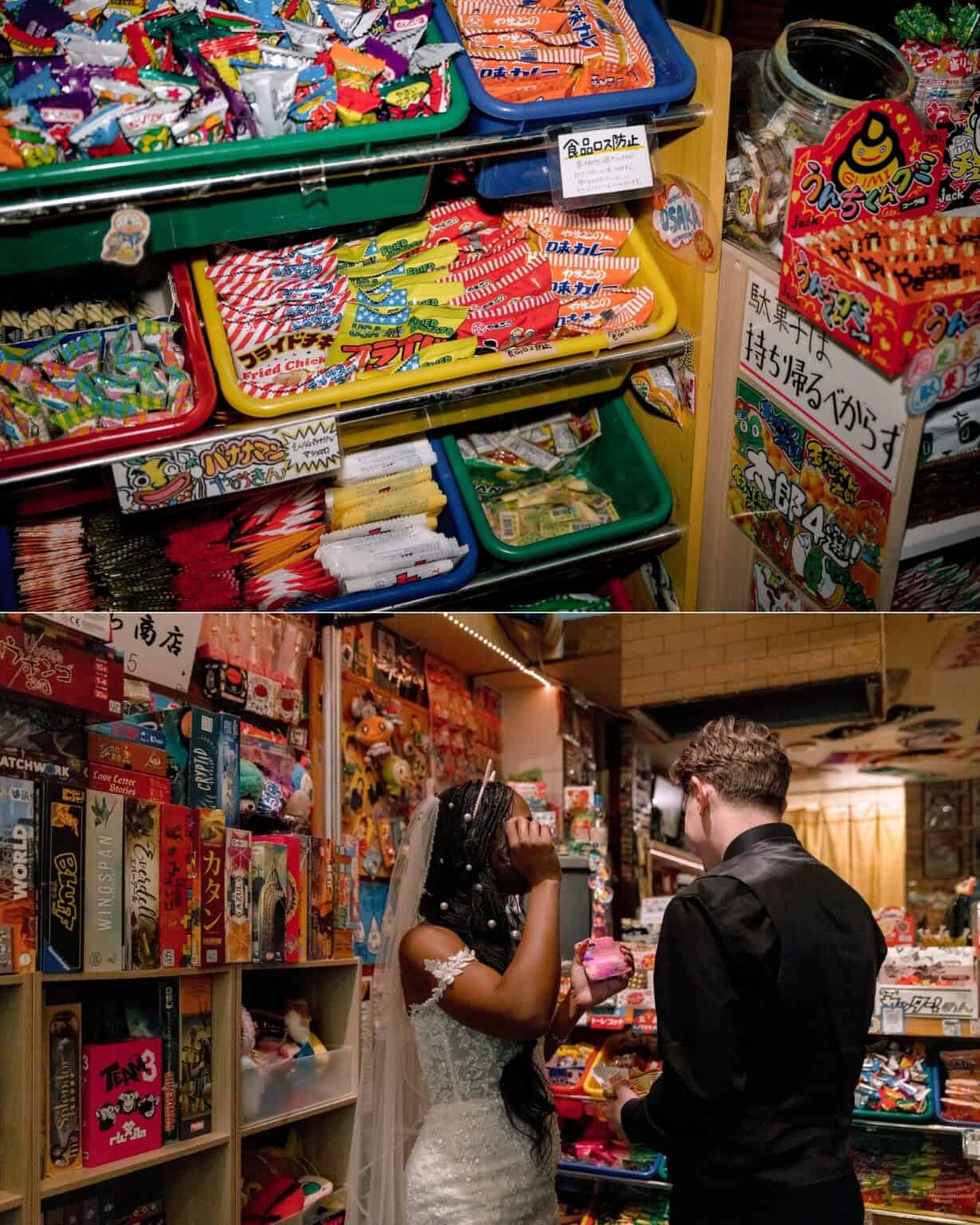 Shelves of brightly packaged dagashi sweets, and the bride and groom browsing in a crowded Kyoto sweets shop.