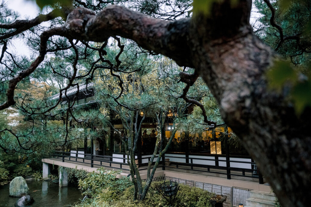 Old pines and the pond in the garden at Jinya, the inn's corridor running beside the water.