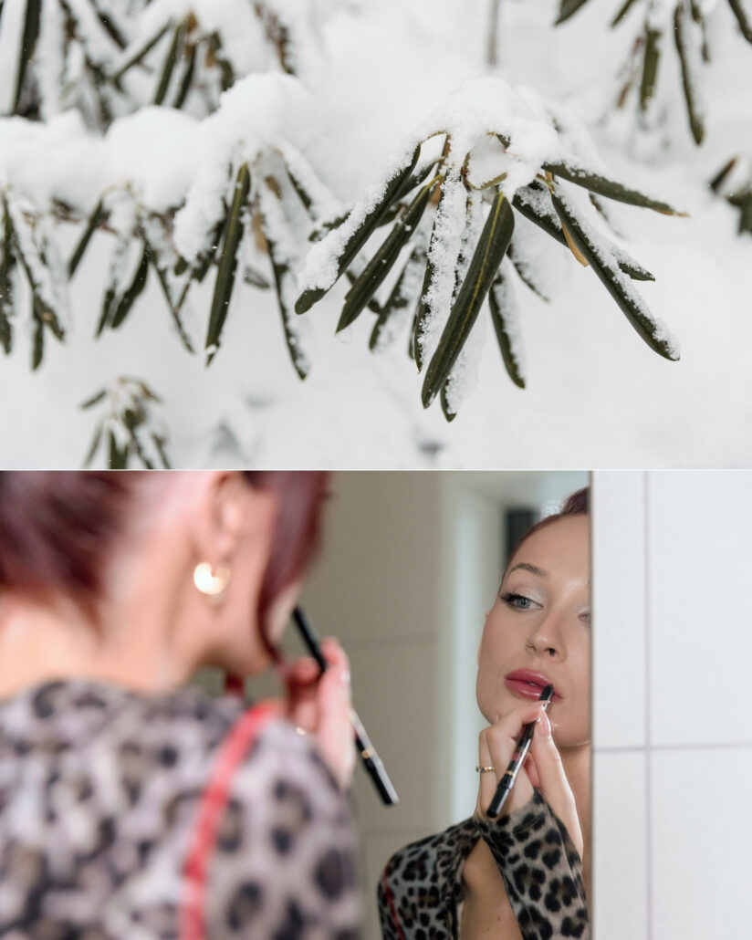Fresh snow on dark green leaves, and the bride in leopard print paints her lips red in the mirror on the morning of her winter wedding in Hakuba.