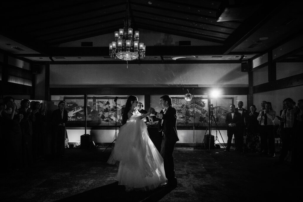 In black and white, the first dance seen across the room.