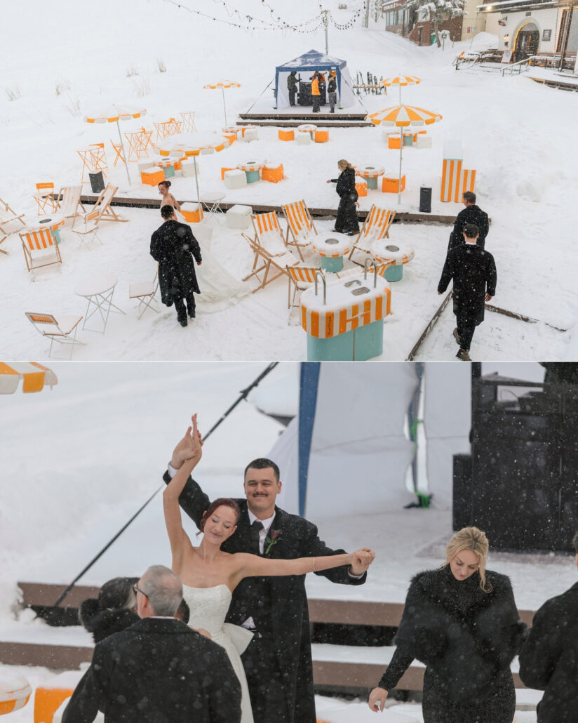 The apres ski setup of orange umbrellas on the snowy slope, and the bride dancing with her arms thrown wide beside the groom.