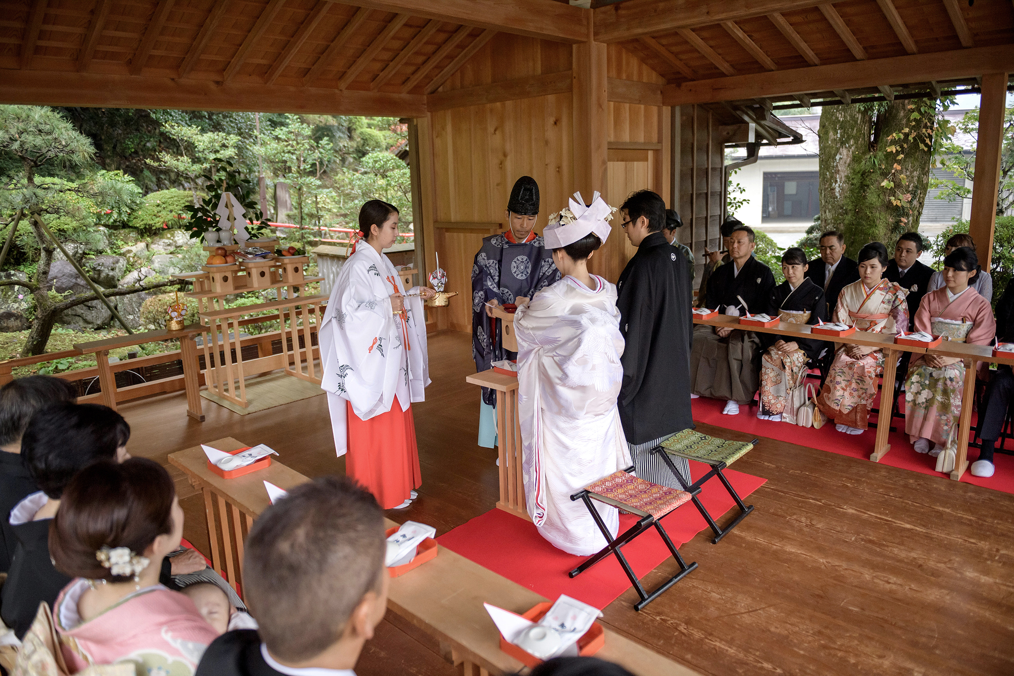 A shrine maiden in red hakama stands by as the bride in tsunokakushi and the groom take their places at a Shinto wedding in a garden pavilion, family seated in kimono.